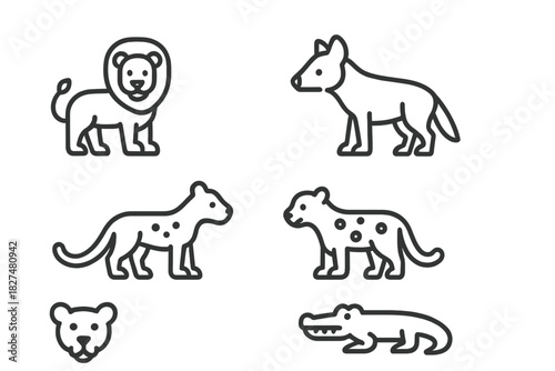 Minimalist line art symbols of wild animals including lion, leopard, hyena, bear, and crocodile