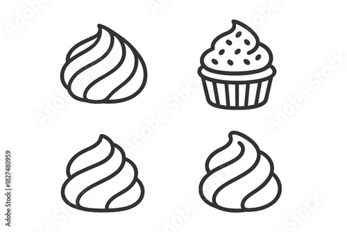 Simple outline icons featuring whipped cream swirls and decorated cupcake dessert