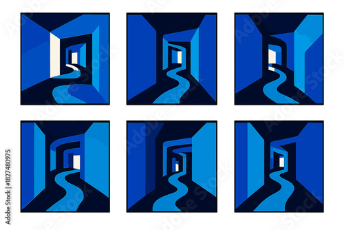 Abstract geometric dark blue corridor with a winding path leading toward a bright light