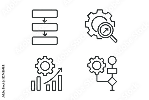 Workflow diagram, process analysis, performance improvement, and automation settings icons