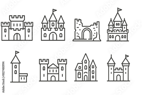 Eight different ancient and medieval castle buildings and fortress architectural outlines