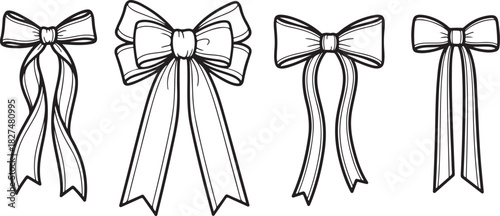 Ribbon bow and tie with knot for hair cute black doodle illustration. Decorative girly accessory vintage hand drawn outline. Birthday and Christmas fashion elements.eps