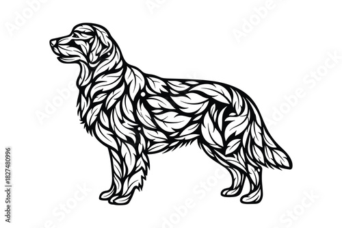 Elegant golden retriever dog silhouette crafted from intricate leaf patterns, standing gracefully