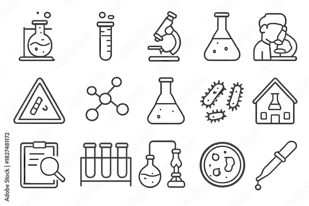 Obraz premium Black and white line icons of science and chemistry laboratory equipment symbols including beakers and microscopes