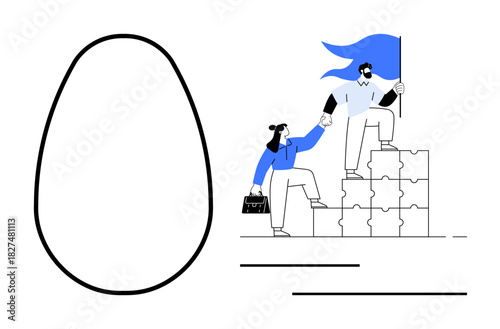 Two people climbing puzzle blocks, one helping the other. Large abstract egg-shaped outline nearby. Ideal for teamwork, leadership, collaboration, goals, problem solving mentorship growth. Modern