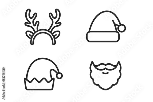 Minimalist line set of Christmas holiday costume accessories Santa hat elf hat reindeer antlers and beard
