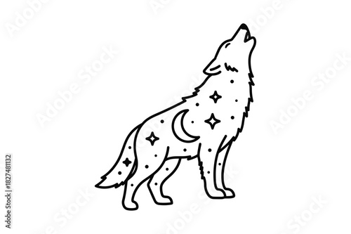 Mystical celestial howling wolf line art illustration with moon and stars, a spiritual animal design for creative projects