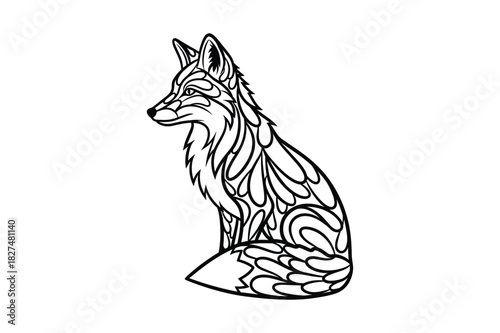 Beautifully detailed black and white line art illustration of a sitting fox with intricate decorative patterns