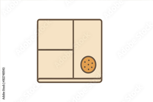 Minimalist bento box with divided sections and a chocolate chip cookie for packed lunch