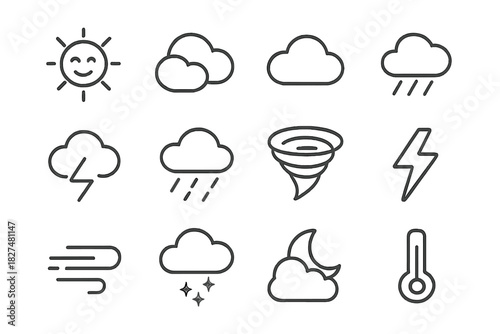 Minimalist outline icons collection showing various weather conditions and meteorological phenomena