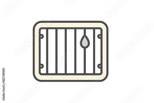 Simple barred window frame with a single hanging water droplet symbolizing despair and isolation