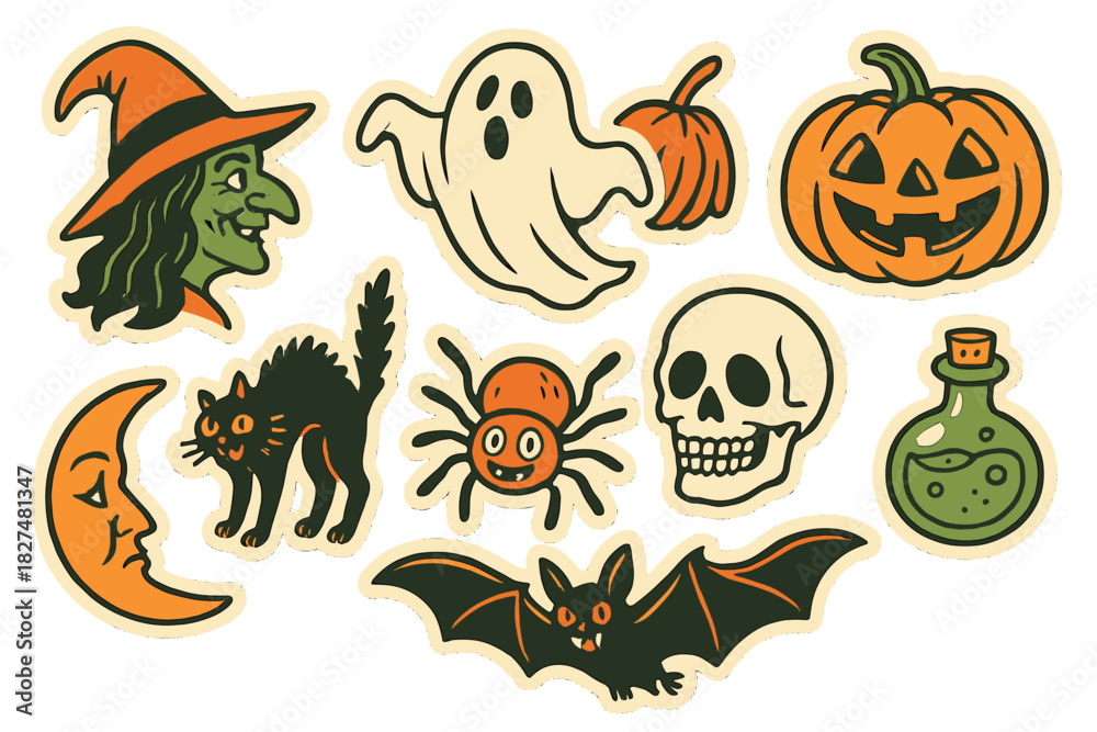 Fototapeta premium Vintage Halloween stickers set with witch, ghost, pumpkin, skull, and black cat