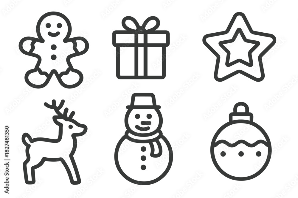 Naklejka premium Outline symbols of Christmas and winter holidays: gingerbread man, gift, star, reindeer, snowman, bauble