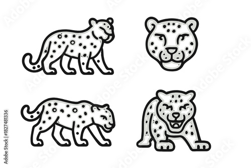 Set of minimalist spotted wild cat icons showing walking, crouching, and head portrait