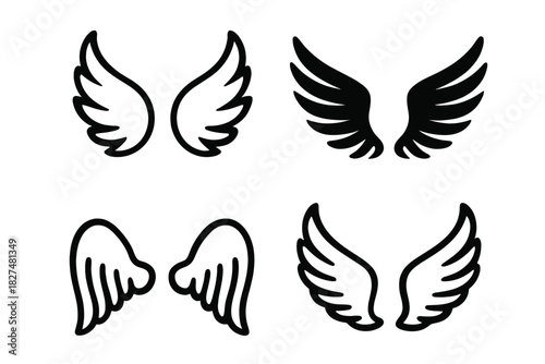 Assortment of stylized angel wings and bird feathers in various shapes and forms