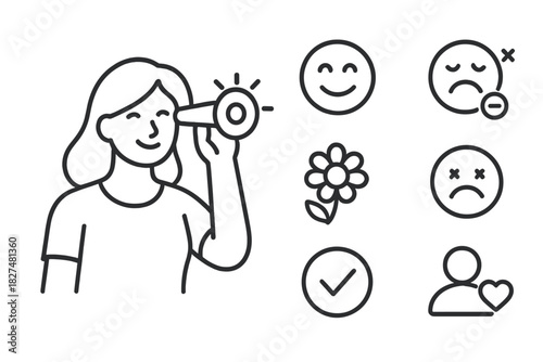 Woman collecting customer feedback data using a device with emotional and survey icons