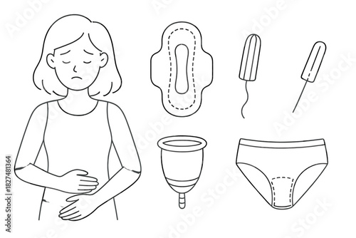 Woman holding stomach due to menstrual pain and cramps, surrounded by sanitary pads, tampons, and a menstrual cup