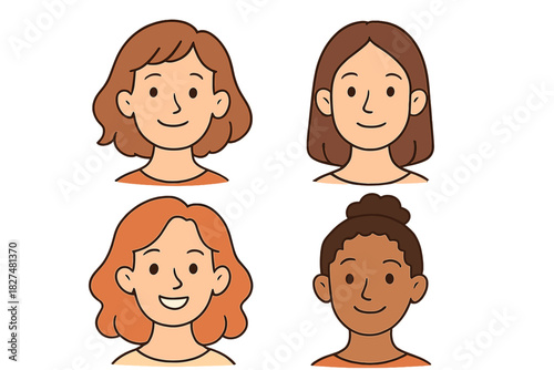 Diverse set of four smiling young adult women avatars with various hairstyles and skin tones