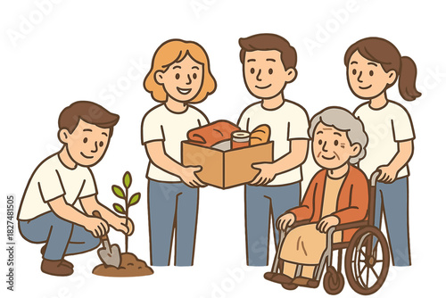 Diverse community volunteers planting trees and assisting an elderly person in a wheelchair