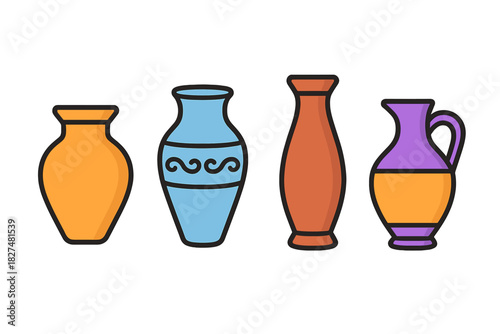 Row of colorful ancient pottery vessels and traditional ceramic jugs with various shapes and patterns
