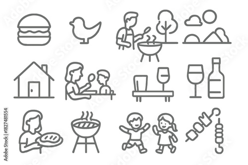 Simple outline symbols depicting family picnic barbecue and outdoor leisure activities