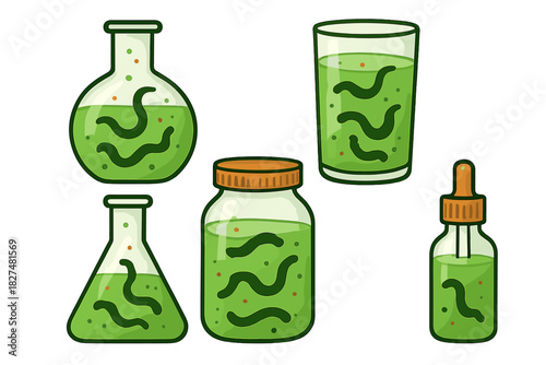 Laboratory glassware filled with bubbling green liquid and creepy worms