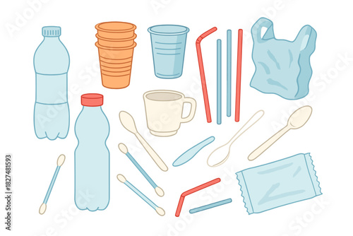 Collection of disposable plastic waste items including bottles, cups, straws, cutlery, and shopping bag
