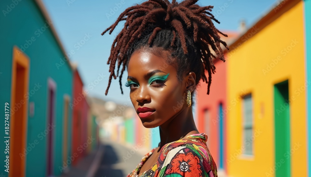 Naklejka premium Young African woman with dreadlocks wears colorful clothes. She stands outdoors in a vibrant street. Her makeup is bold with blue eyeshadow and red lipstick. A fashion portrait.