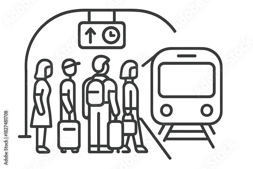 Passengers waiting for public transportation at a railway station platform with luggage and an arriving train