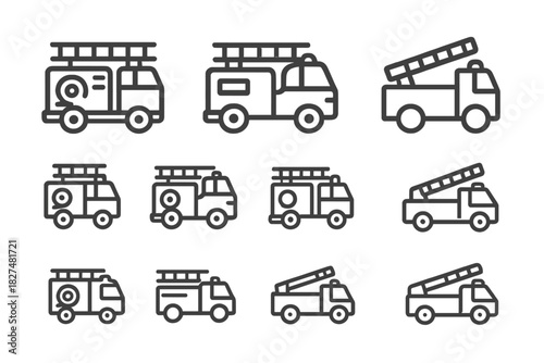 Collection of detailed fire truck and fire engine line icons representing emergency services vehicles