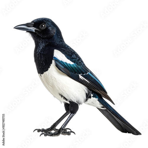 A striking portrait of a Black-billed Magpie against a pure black background.