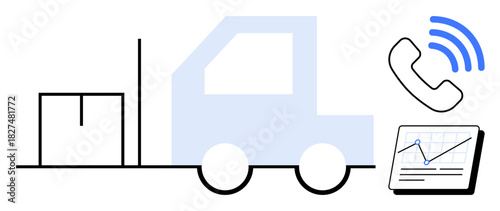 Truck and cargo box alongside a calling phone and stats on a tablet representing transportation, communication, and data tracking. Ideal for logistics, delivery, technology, analytics, e-commerce