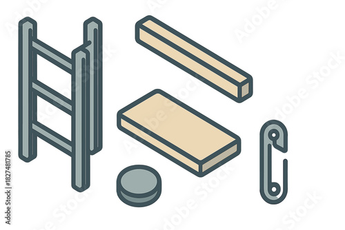 Isometric collection of objects: ladder, wooden beams, disc, and safety pin