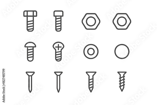 Outline icons depicting various screws, bolts, nuts, and construction fasteners