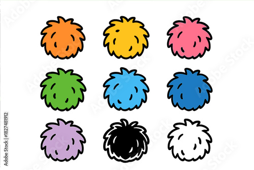 Set of nine colorful fluffy cartoon pom-pom icons arranged in a grid pattern