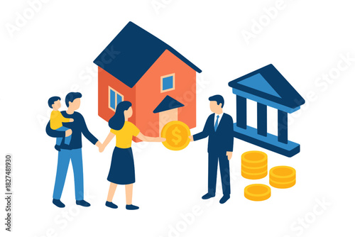 Young family purchasing real estate property with financial assistance from a banking representative