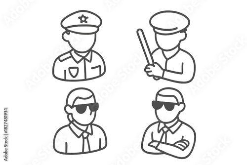 Minimalist line art avatars featuring police officers and security guards and personnel