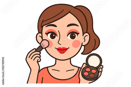 Young woman applying blush with a makeup brush and holding an eyeshadow palette