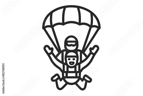 Tandem skydiving jump with two people descending under a parachute canopy