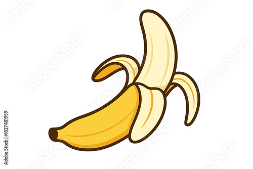 Ripe yellow banana partially peeled showing the fruit inside on a white background