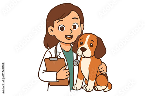 Cheerful female veterinarian in uniform holding a clipboard and gently petting a beagle puppy