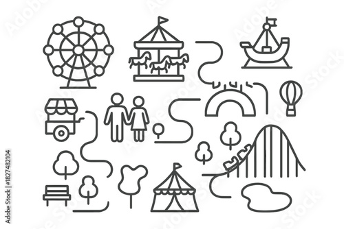 Collection of amusement park and carnival ride symbols in minimalist outline style