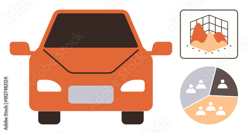 Modern car front view combined with a bar graph and pie chart. Ideal for automotive analysis, innovation, technology, market research, efficiency, data trends, business. Simple flat metaphor