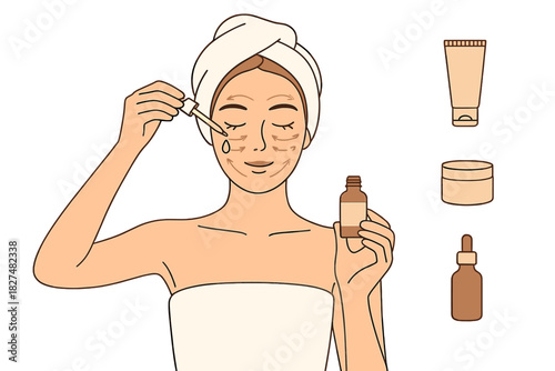 Woman applying facial serum with dropper bottle and massaging face during beauty routine