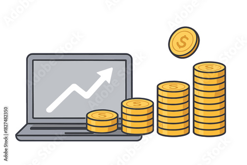 Digital financial growth concept with a laptop displaying an upward trend chart and increasing stacks of golden coins