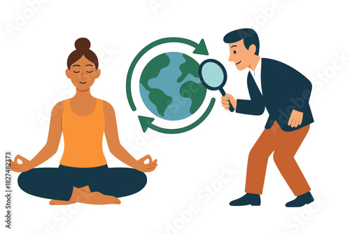 Woman meditating for wellness and businessman analyzing sustainable Earth cycle balance concept