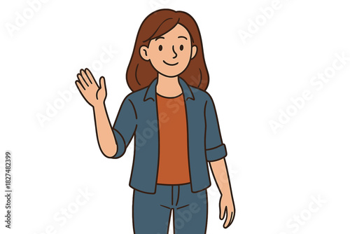 Young woman with brown hair making friendly greeting gesture and smiling