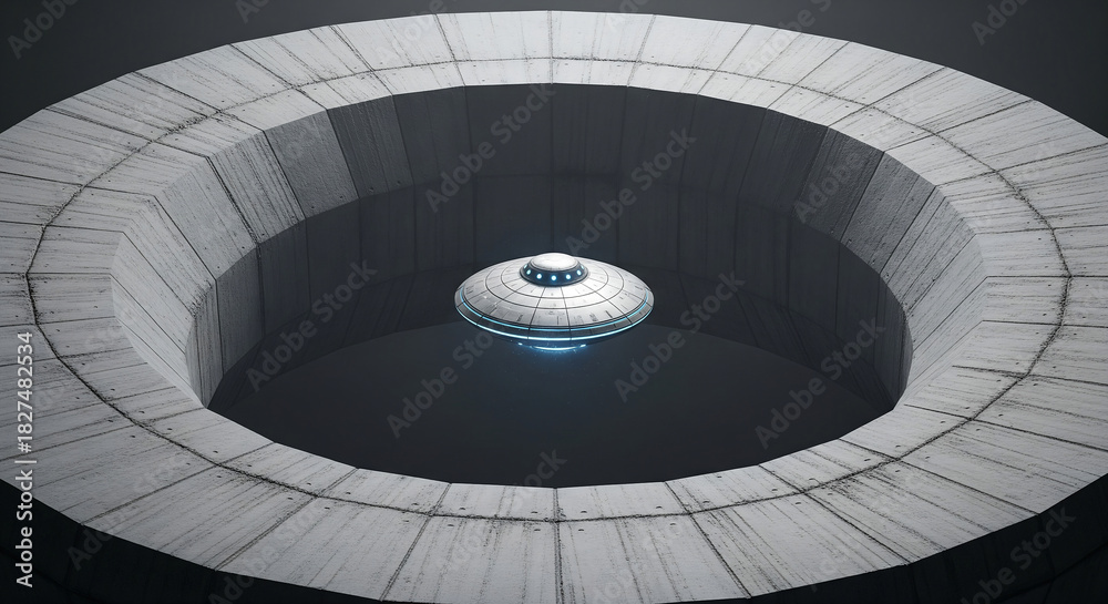 Obraz premium A massive brutalist concrete ring occupying most of the frame, with a small hyper-realistic UFO floating precisely in its center