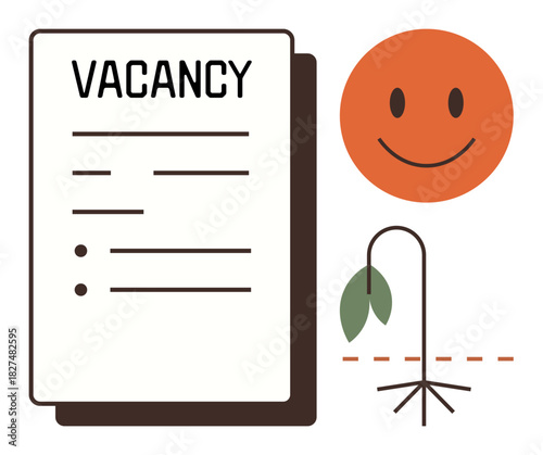 Vacancy form, orange smiling face, and drooping plant represent job opportunities, emotional wellness, declining growth, and work-life balance. Ideal for hiring, workplace health, recruitment career