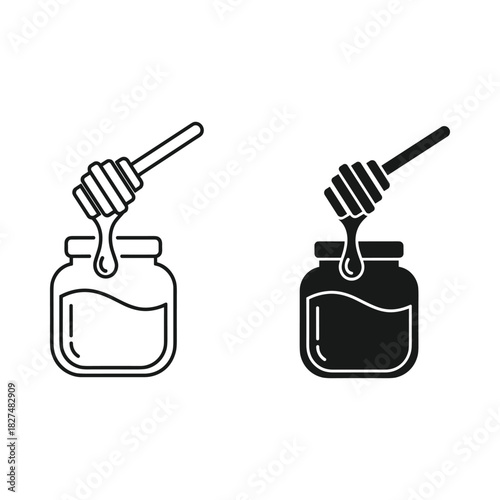 Two stylized icons of a honey dipper and jar one outline one solid black